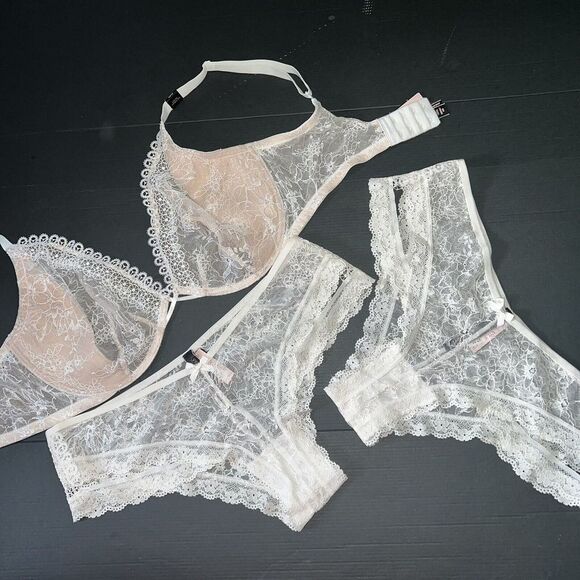Victoria's Secret unlined 36DDD BRA SET XL panty WHITE embroidered floral lace